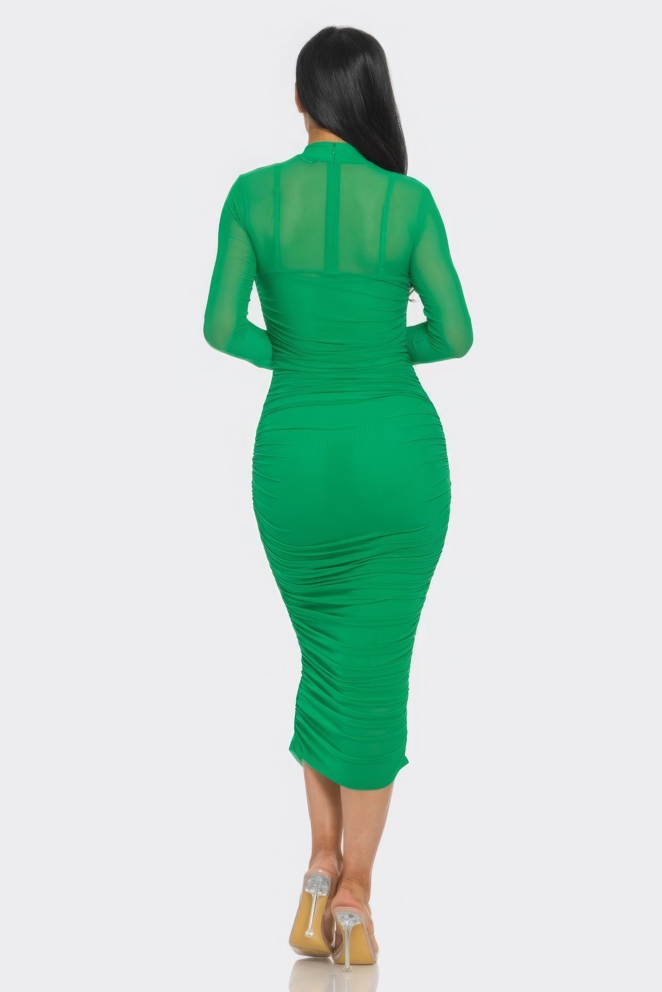 “Bianca” Green Ruched Midi Dress