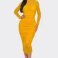 “Bianca” Mustard Ruched Midi Dress