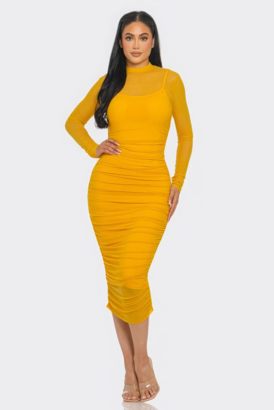 “Bianca” Mustard Ruched Midi Dress