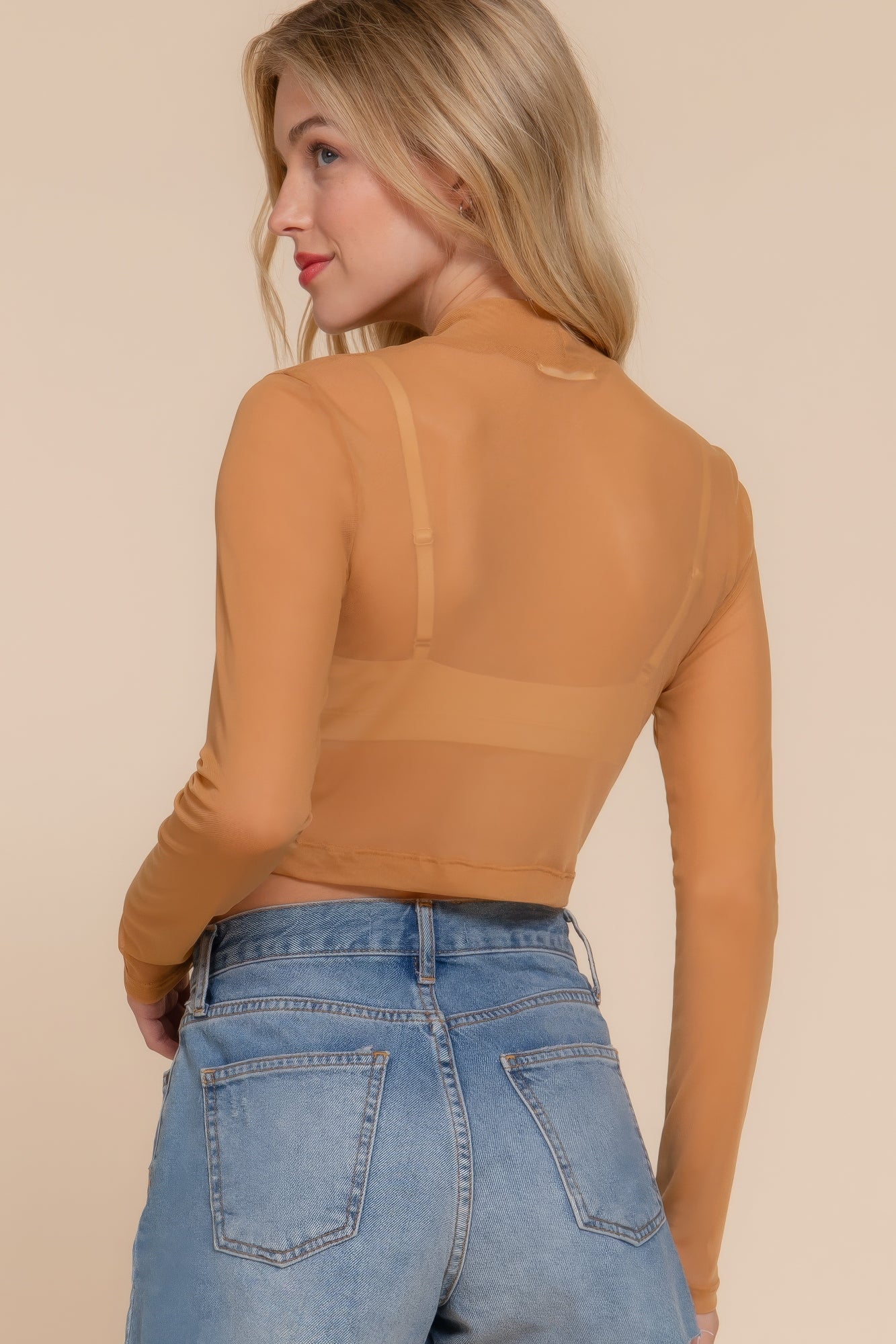 “Peek-A-Boo” Khaki Mesh Top