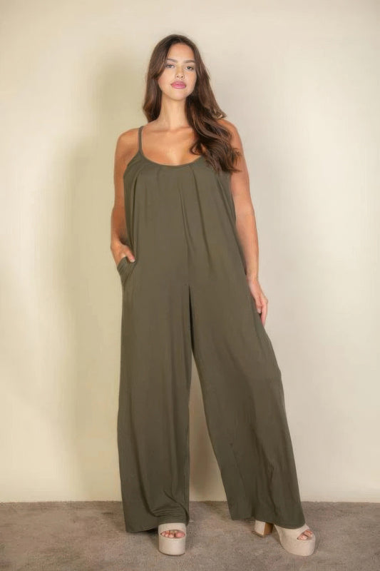 spaghetti strap solid wide jumpsuit