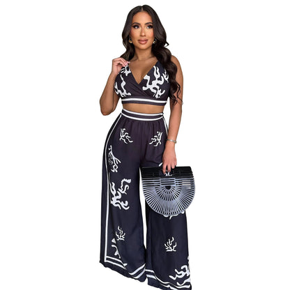 V-neck hanging neck wide leg pants set