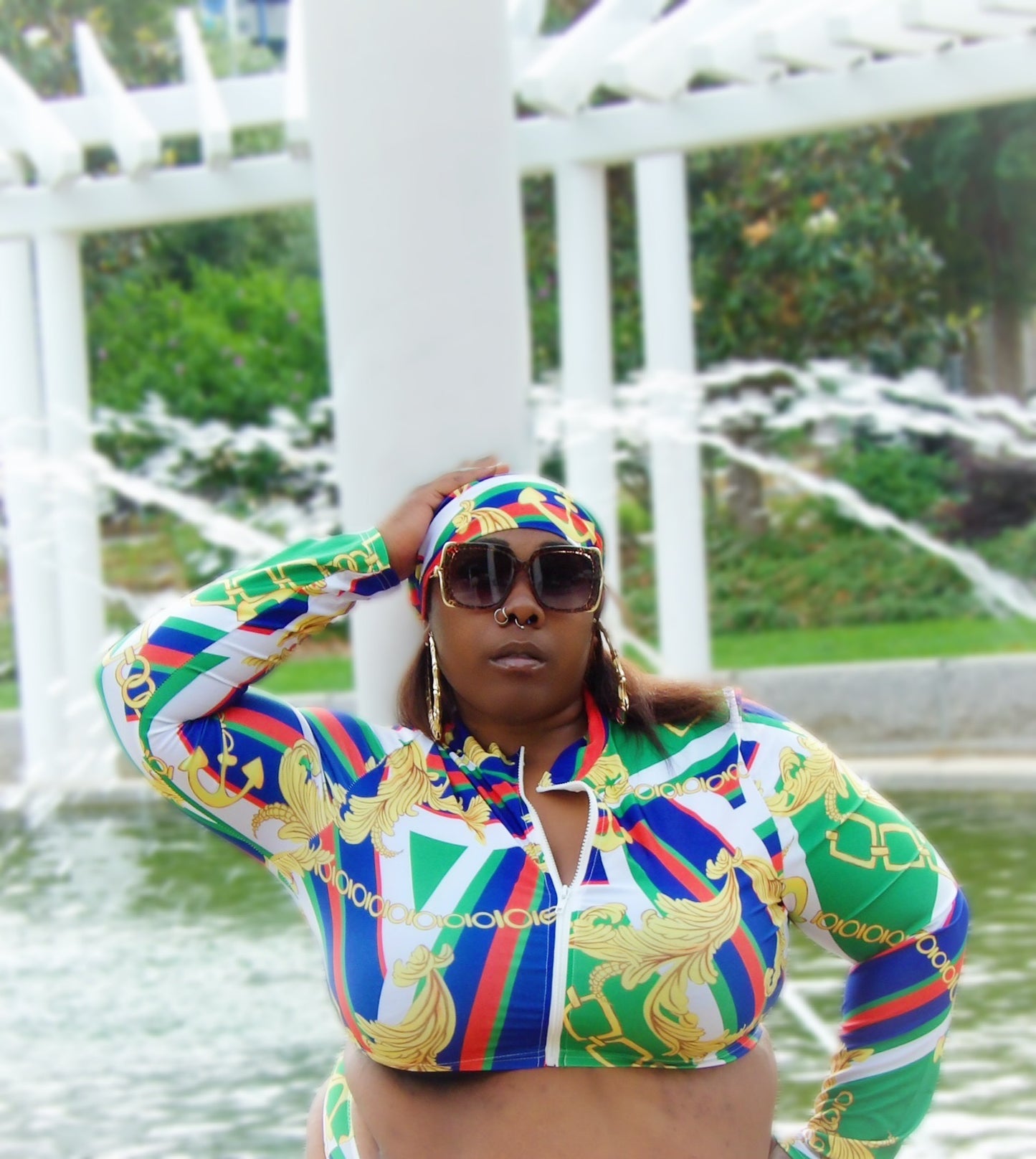 Three-Piece Swimsuit High Waist Print Split Long Sleeve
