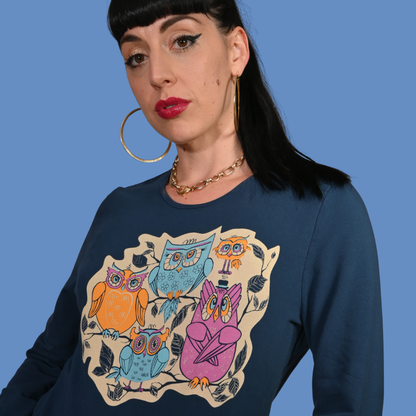Wacky Owls Pullover in Midnight Blue