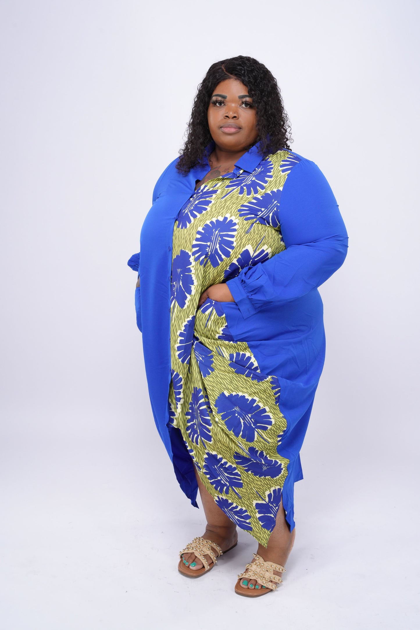 Print Drapy Shirt Maxi Dress
