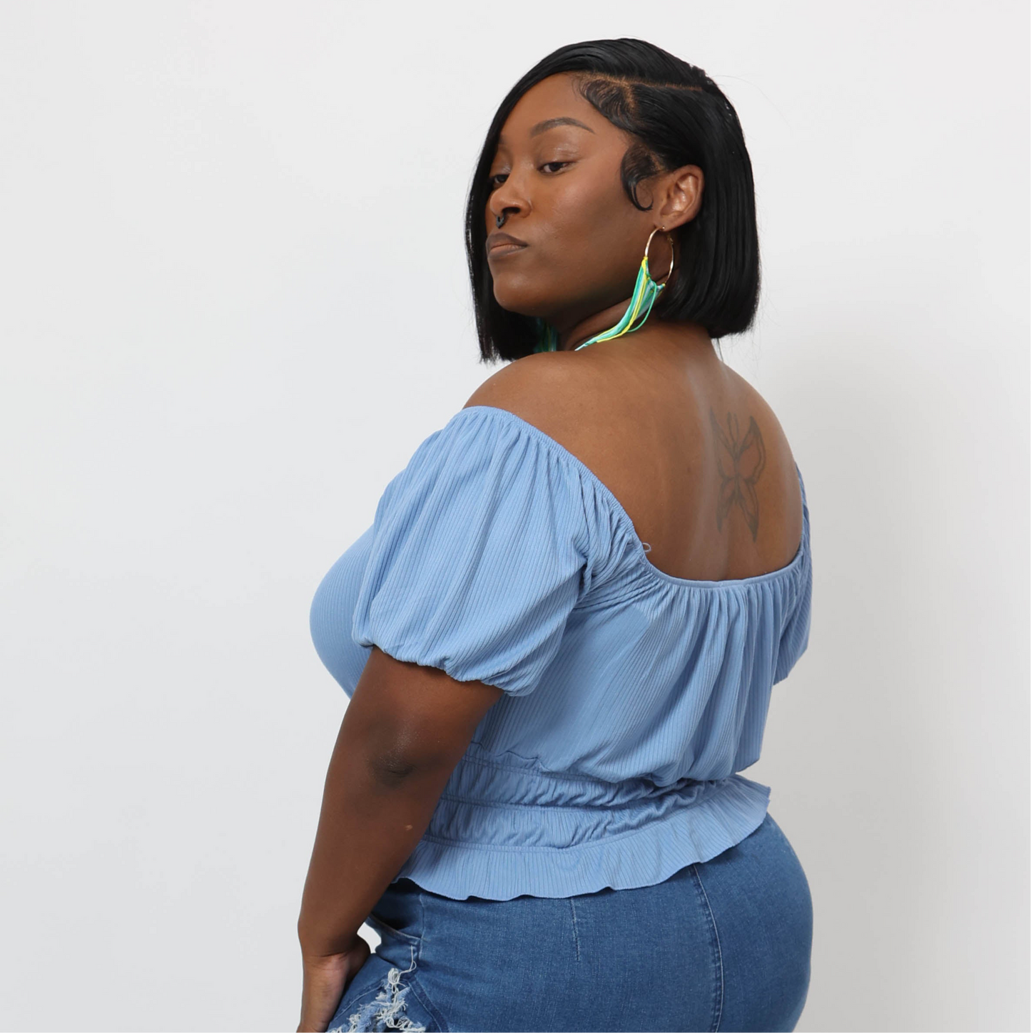 Casual Ruched Puff Sleeve Ribbed Knit Solid Top
