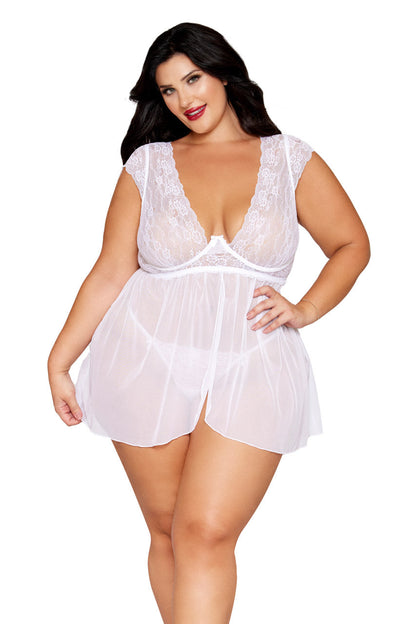 White Lace and Mesh Cap Sleeve Babydoll