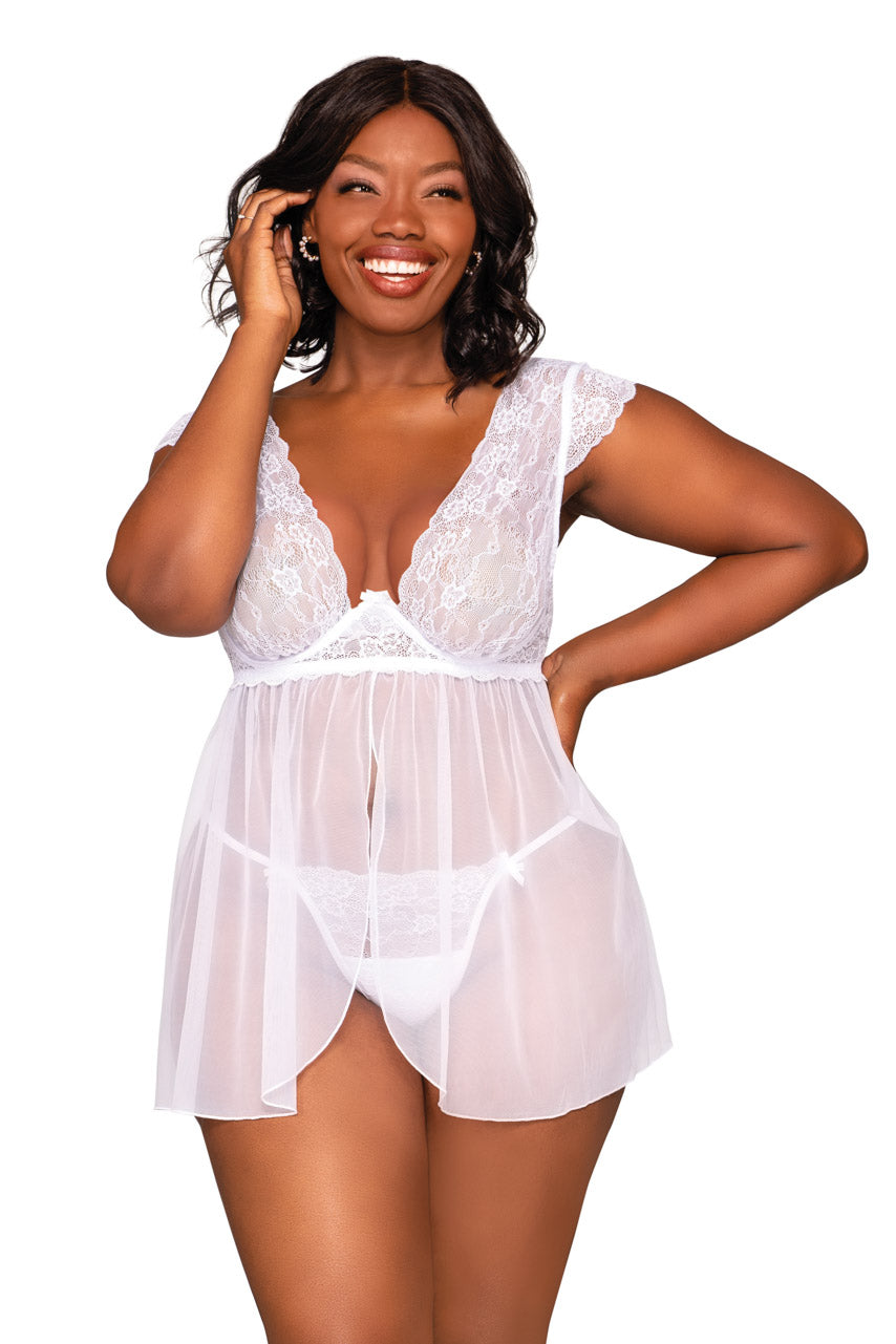 White Lace and Mesh Cap Sleeve Babydoll
