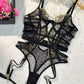 Black Gold-threaded Butterfly Bow Lace Bodysuit