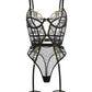 Black Gold-threaded Butterfly Bow Lace Bodysuit