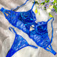 Midnight Blue Leather Lace Embellished Lingerie Set