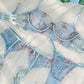 Blue Floral Embroidery Pearl Chain Lingerie Set