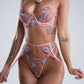 Pink Floral Embroidery Pearl Chain Lingerie Set