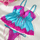 Pink Lace & Blue Silk Contrast Lingerie Set