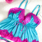 Pink Lace & Blue Silk Contrast Lingerie Set