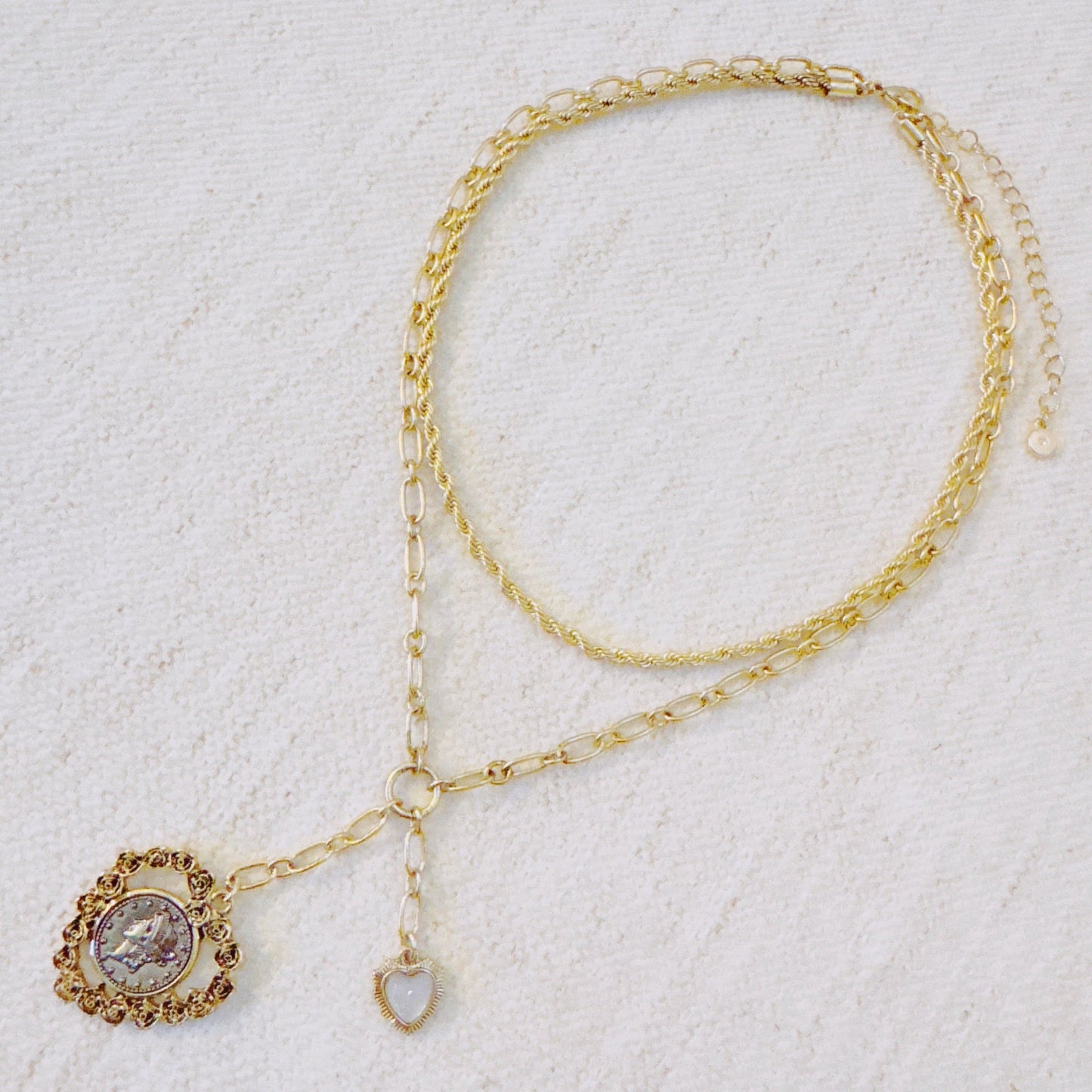 Double Chain Heart Pendant Necklace – Layered Gold Links with Vintage-Style Charm