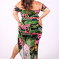 Tropical Off Shoulder Draped Slv Maxi Dress