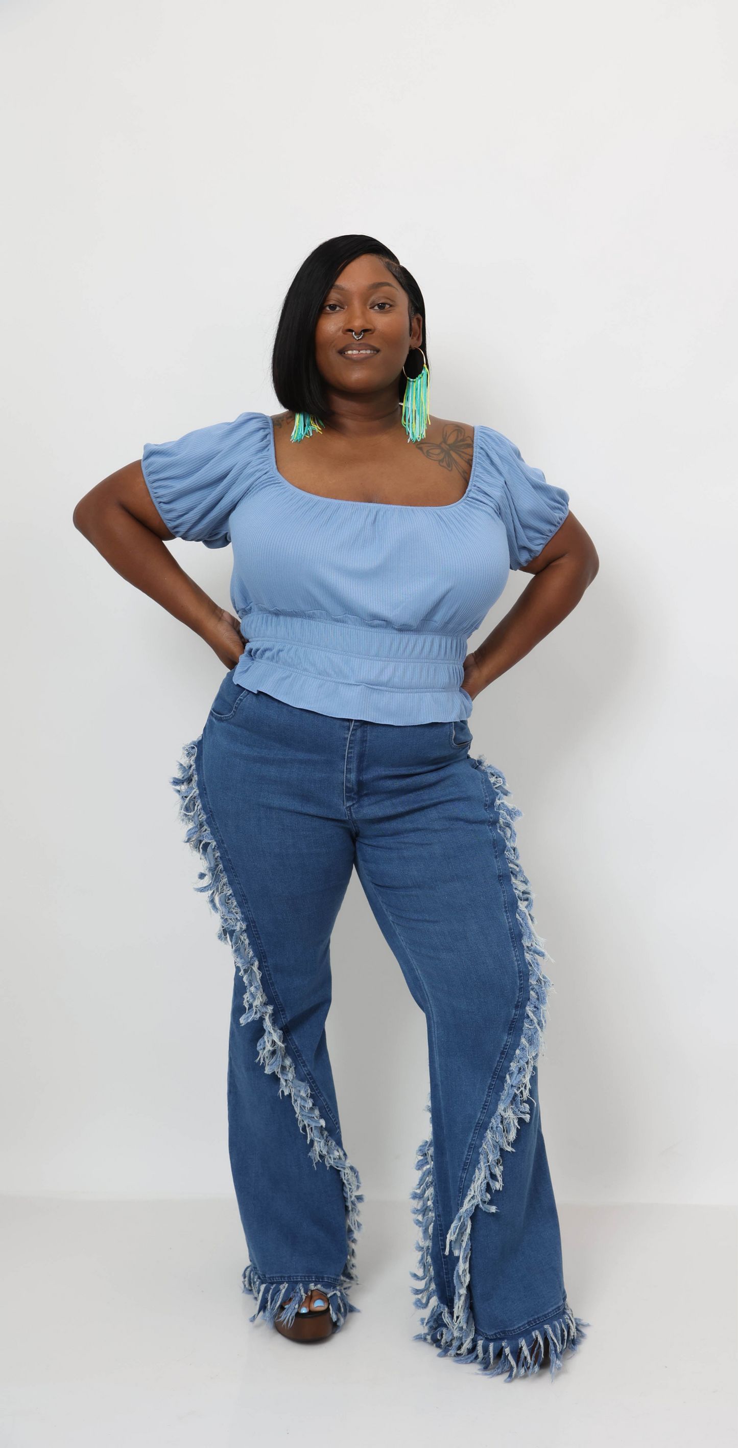 Distressed Fringe Denim Flared Pant