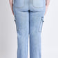 High Rise Elastic Waist Cargo Straight Leg Jeans