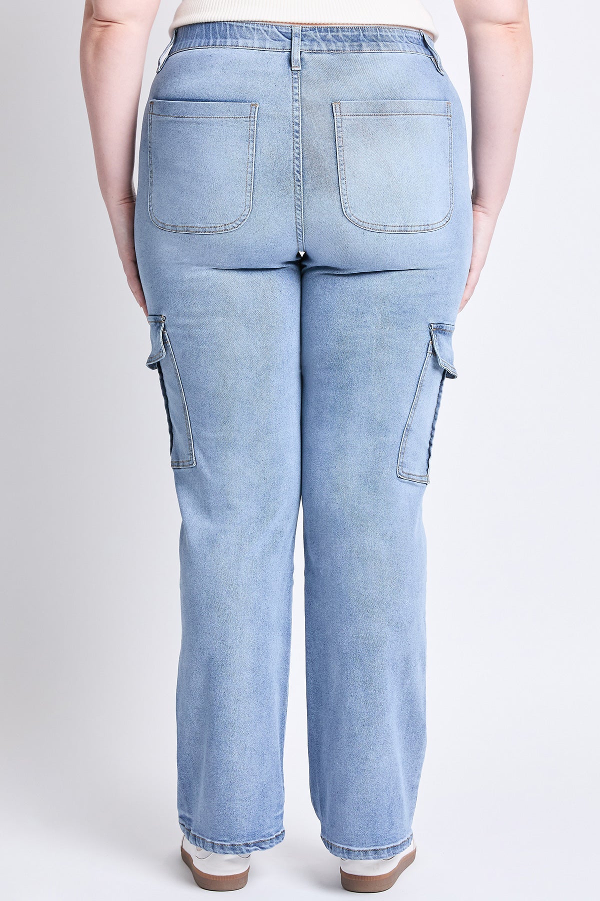 High Rise Elastic Waist Cargo Straight Leg Jeans