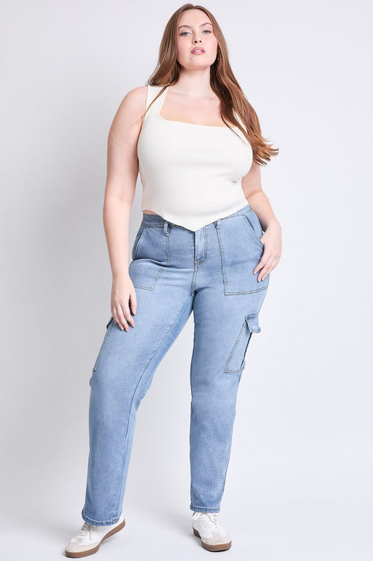 High Rise Elastic Waist Cargo Straight Leg Jeans