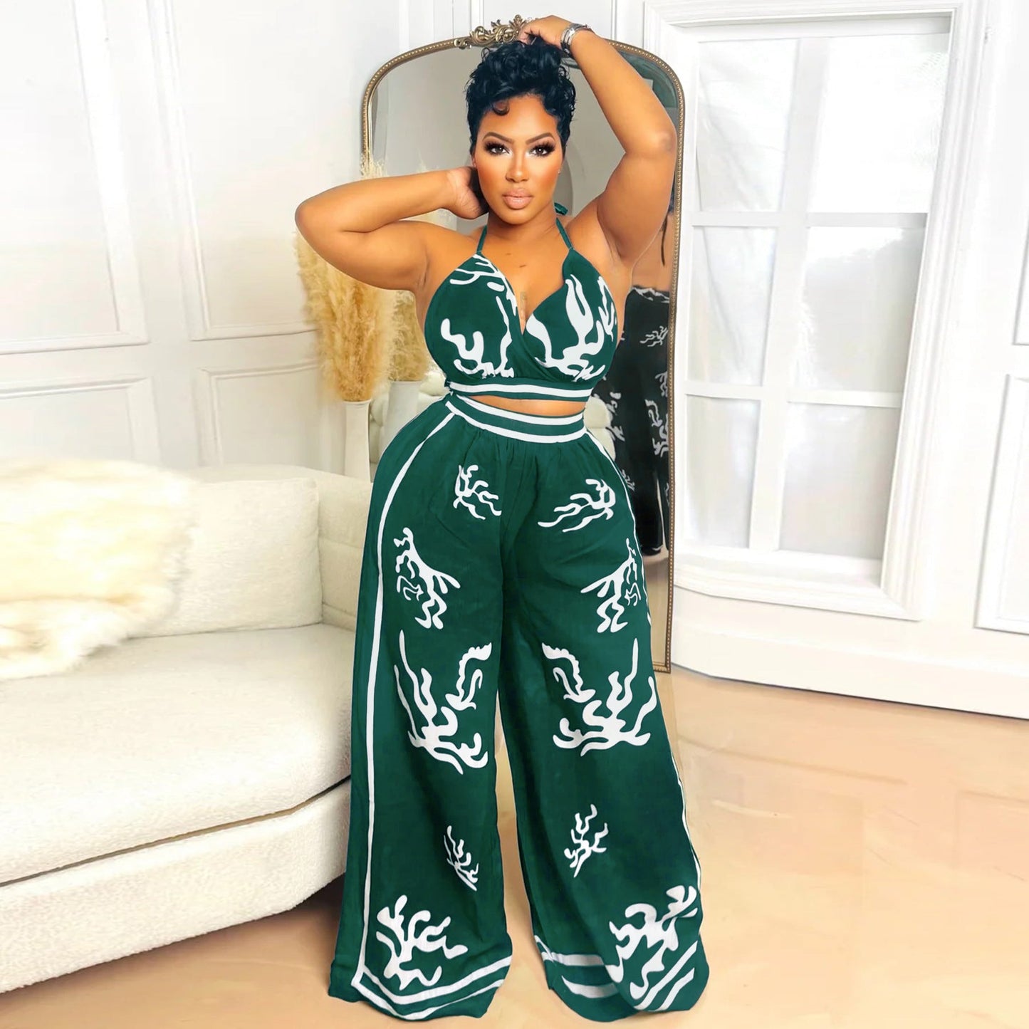 V-neck hanging neck wide leg pants set