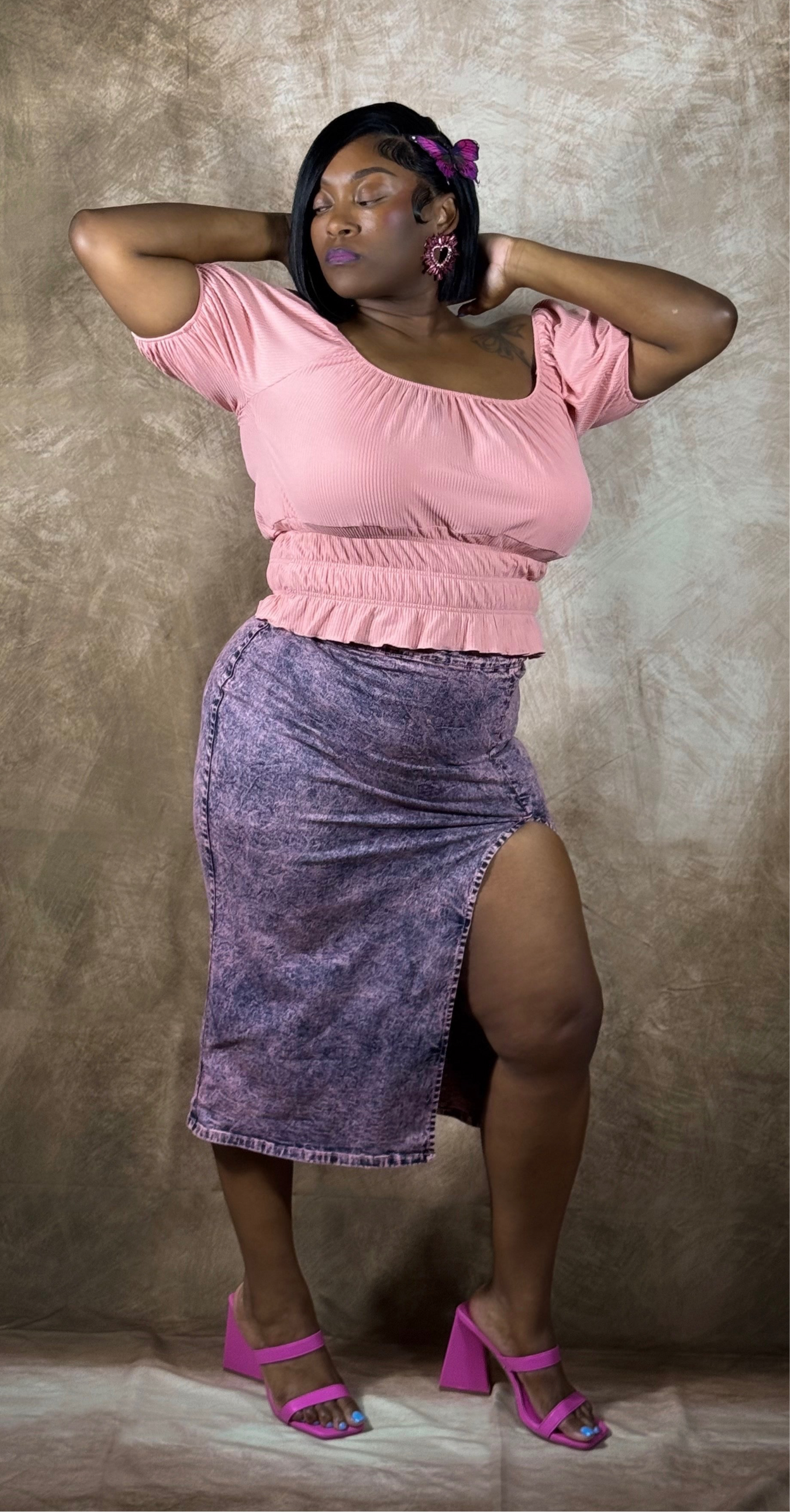 Casual Ruched Puff Sleeve Ribbed Knit Solid Top