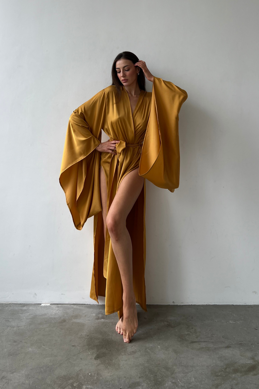 Elissa Split Side Golden Kimono Robe