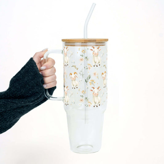 Floral Cute Goats Tumbler With Handle Lid and Straw