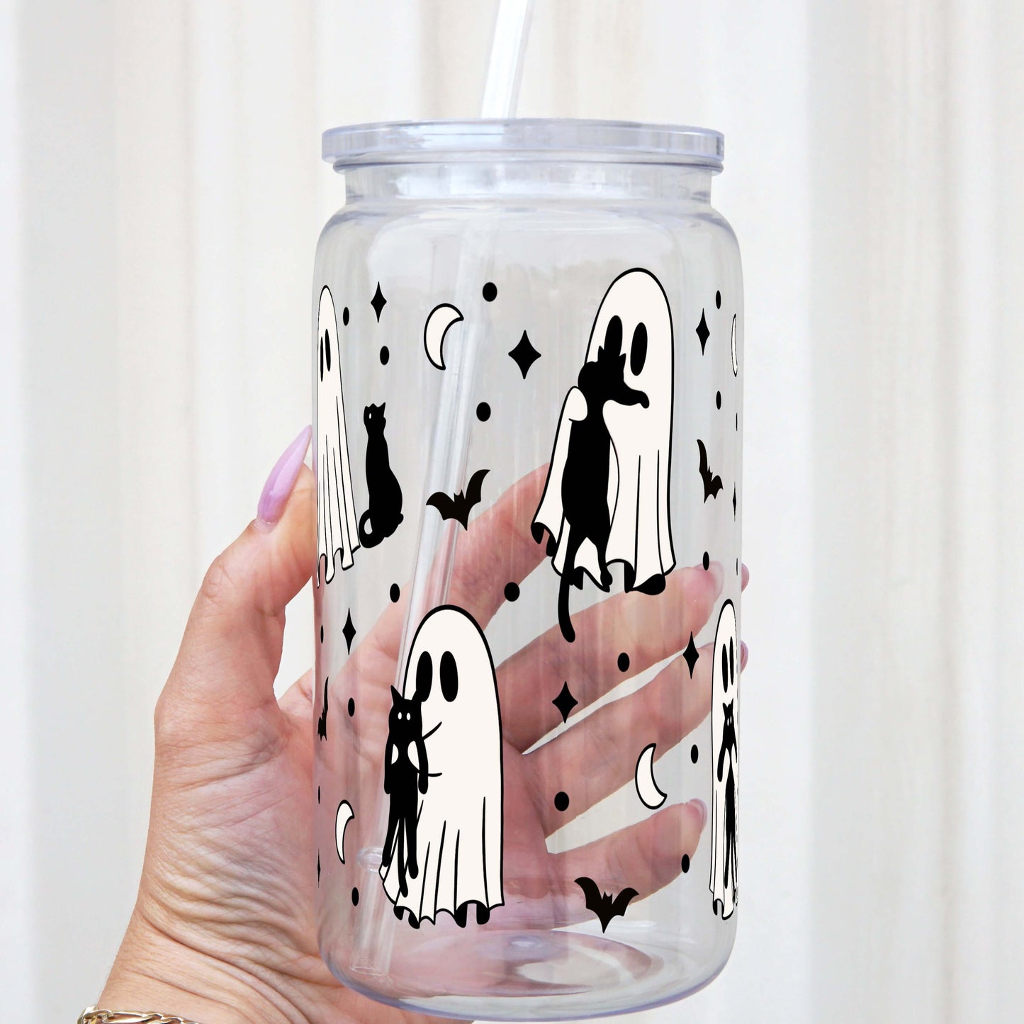 Ghosts Holding Cats Cup With Lid and Straw