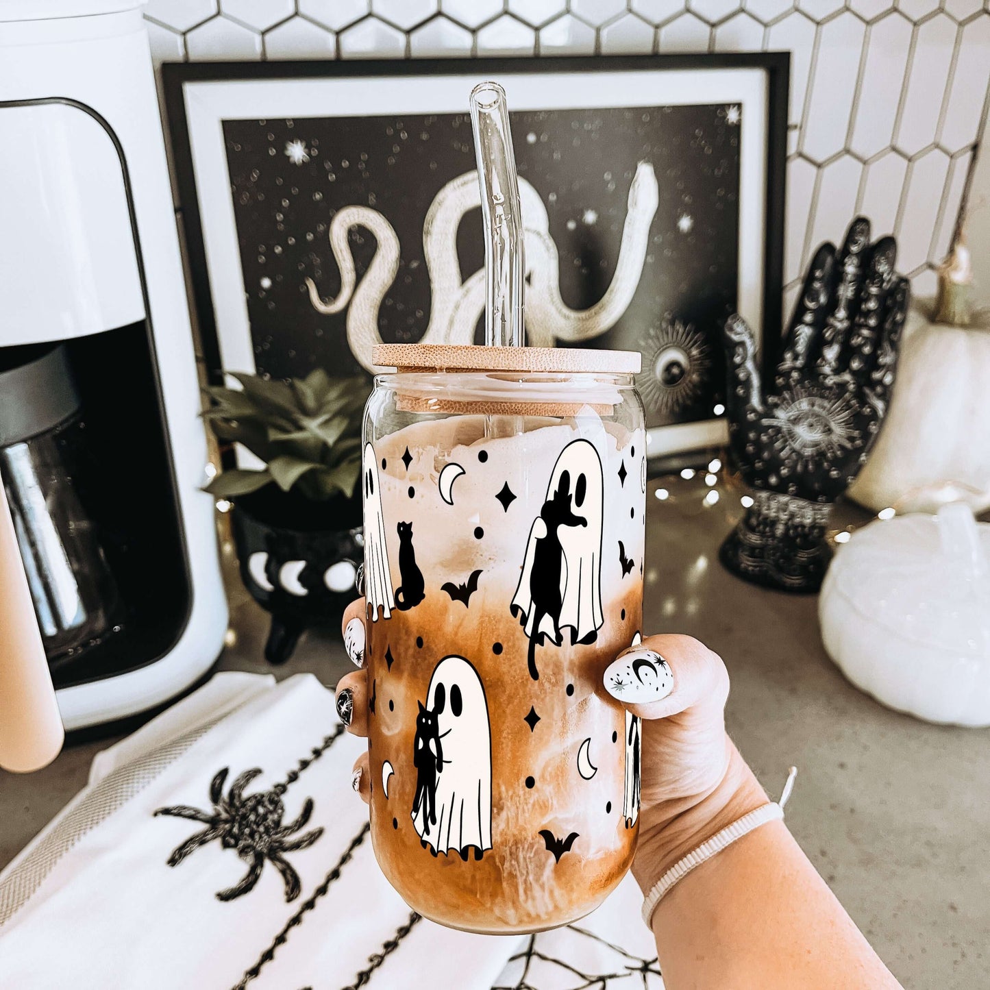 Ghosts Holding Cats Cup With Lid and Straw