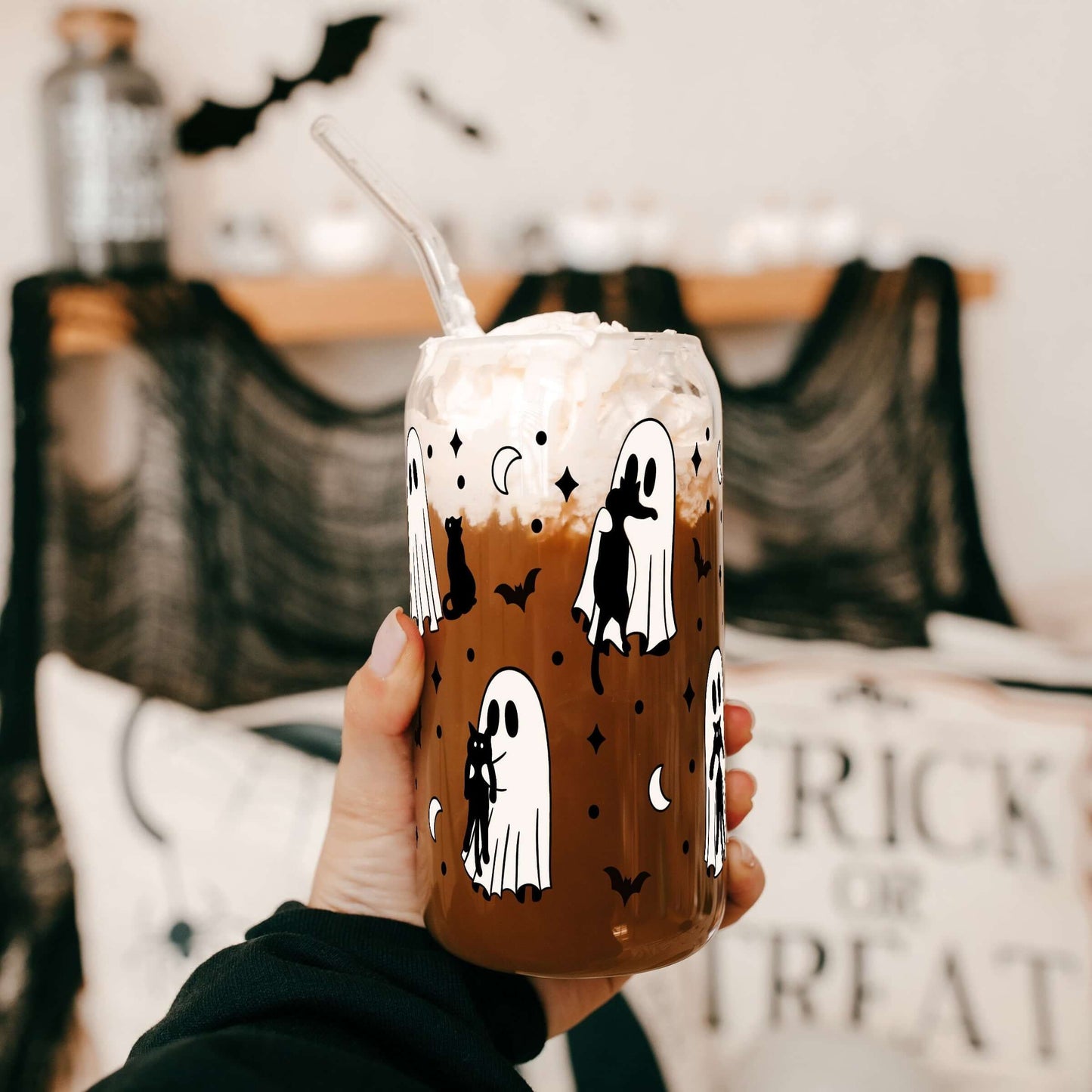 Ghosts Holding Cats Cup With Lid and Straw