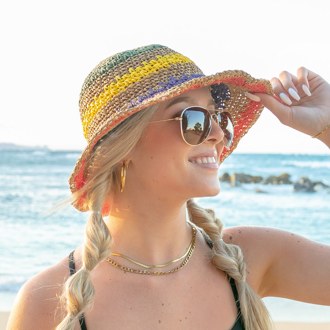 Rainbow Woven Straw Bucket Hat