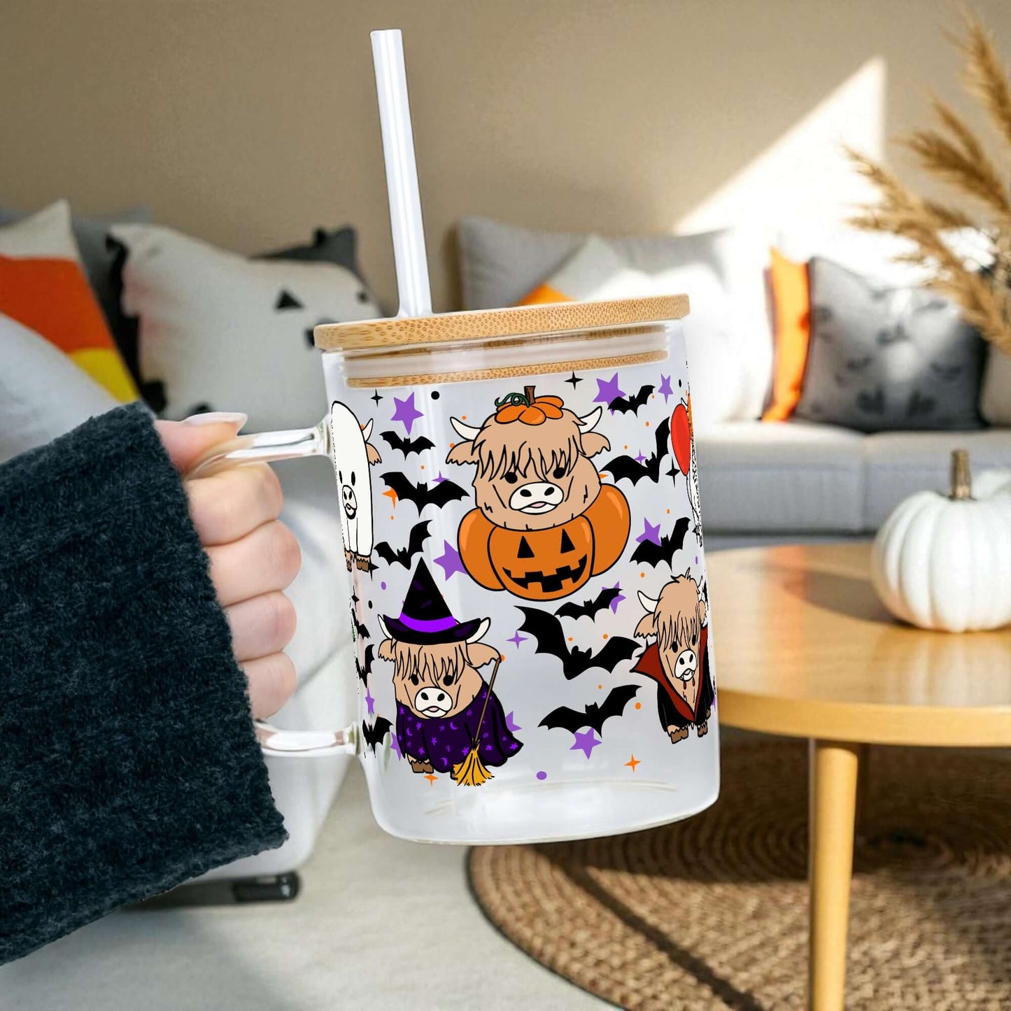 Highland Horror 17oz Glass Mug With Lid and Straw