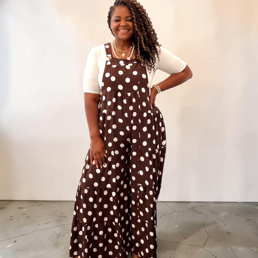 Stunning Wide Leg Brown Polka Dot Maxi Jumpsuit