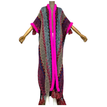 Bohemian Hot Pink Tassel Knitted Maxi Cardigan