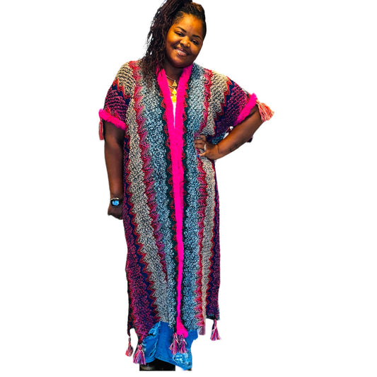 Bohemian Hot Pink Tassel Knitted Maxi Cardigan