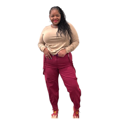 Burgundy High Waist Cargo Pants