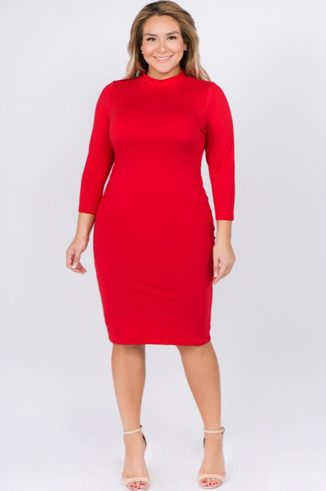 Red Mock Neck Form Fitted Dress