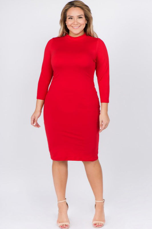 Red Mock Neck Form Fitted Dress