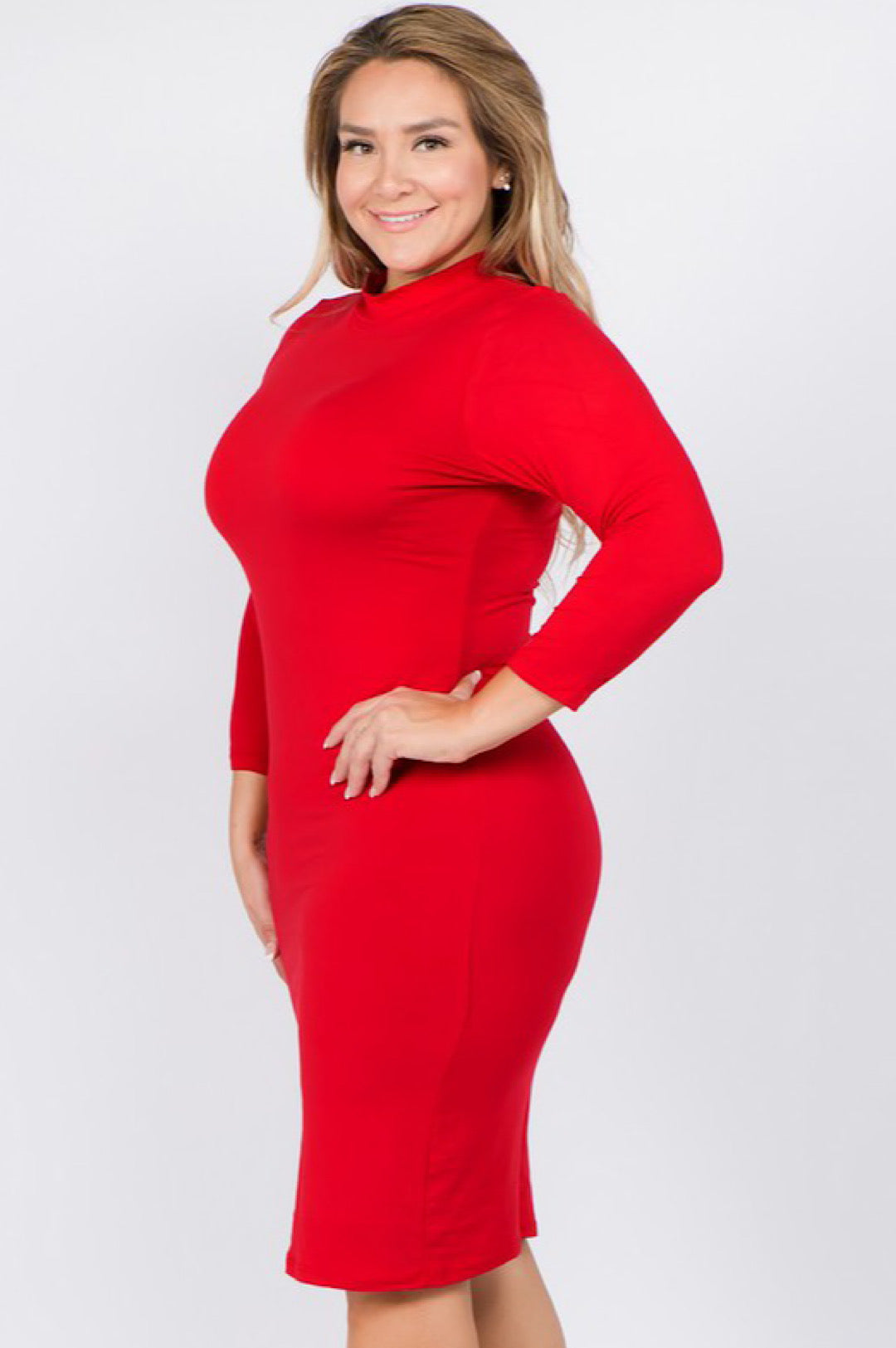 Red Mock Neck Form Fitted Dress