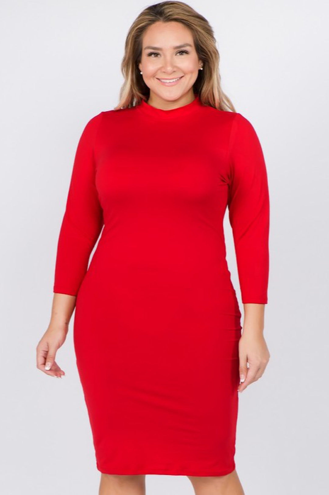 Red Mock Neck Form Fitted Dress