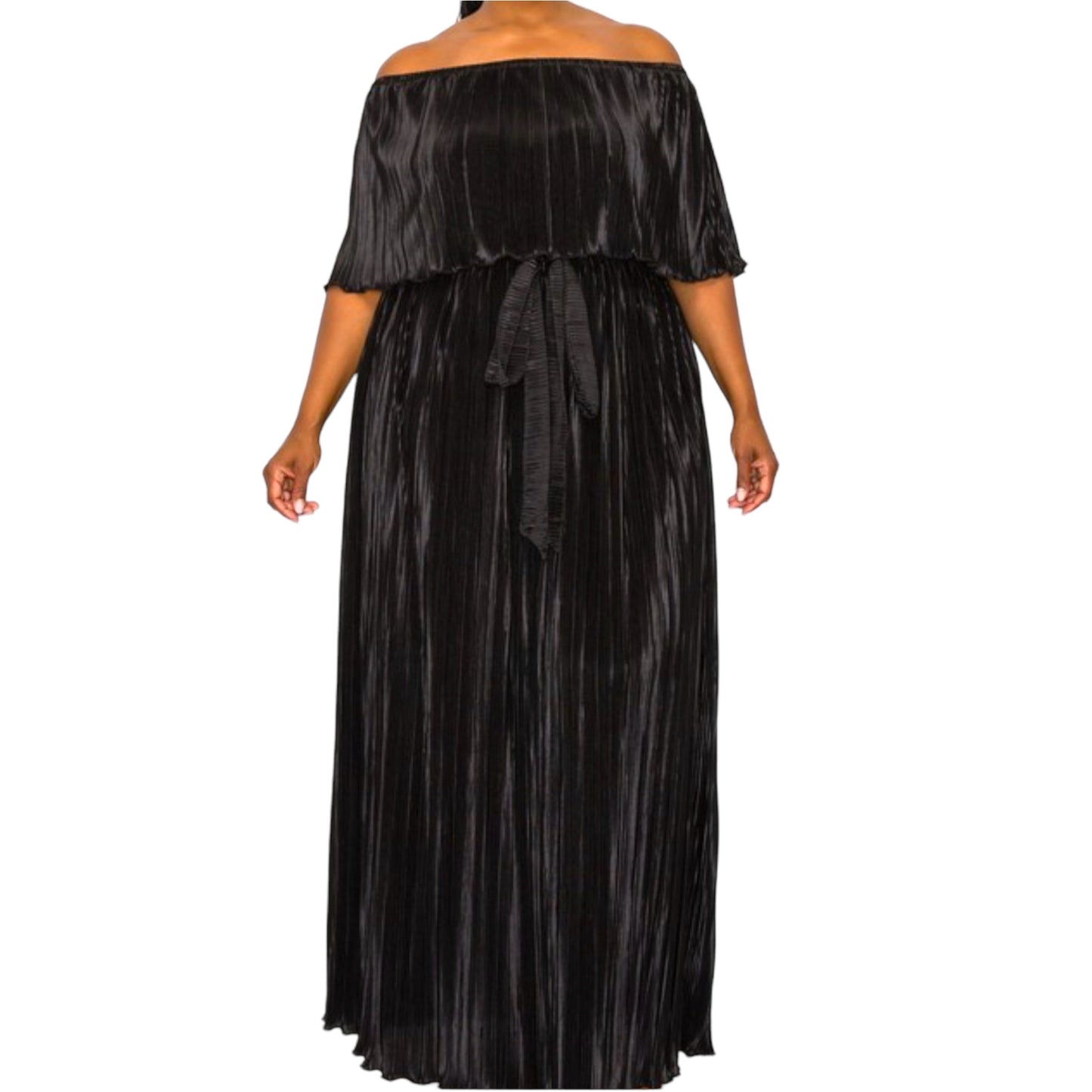 Black Pleated Off The Shoulder Maxi Dress