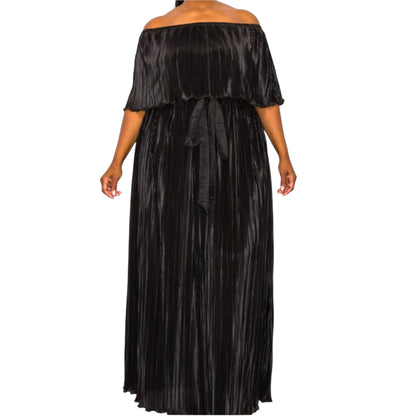 Black Pleated Off The Shoulder Maxi Dress