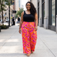 Orange Floral Print Wide Leg Pants