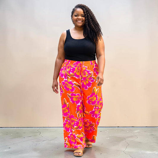 Orange Floral Print Wide Leg Pants