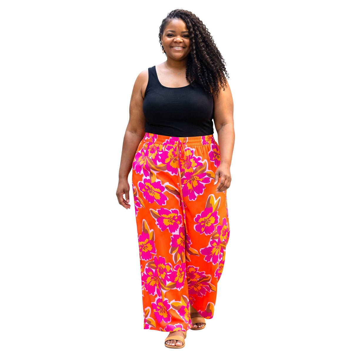 Orange Floral Print Wide Leg Pants
