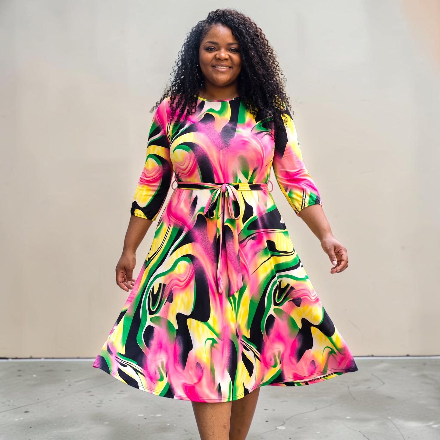 Brushed Print Midi Dress