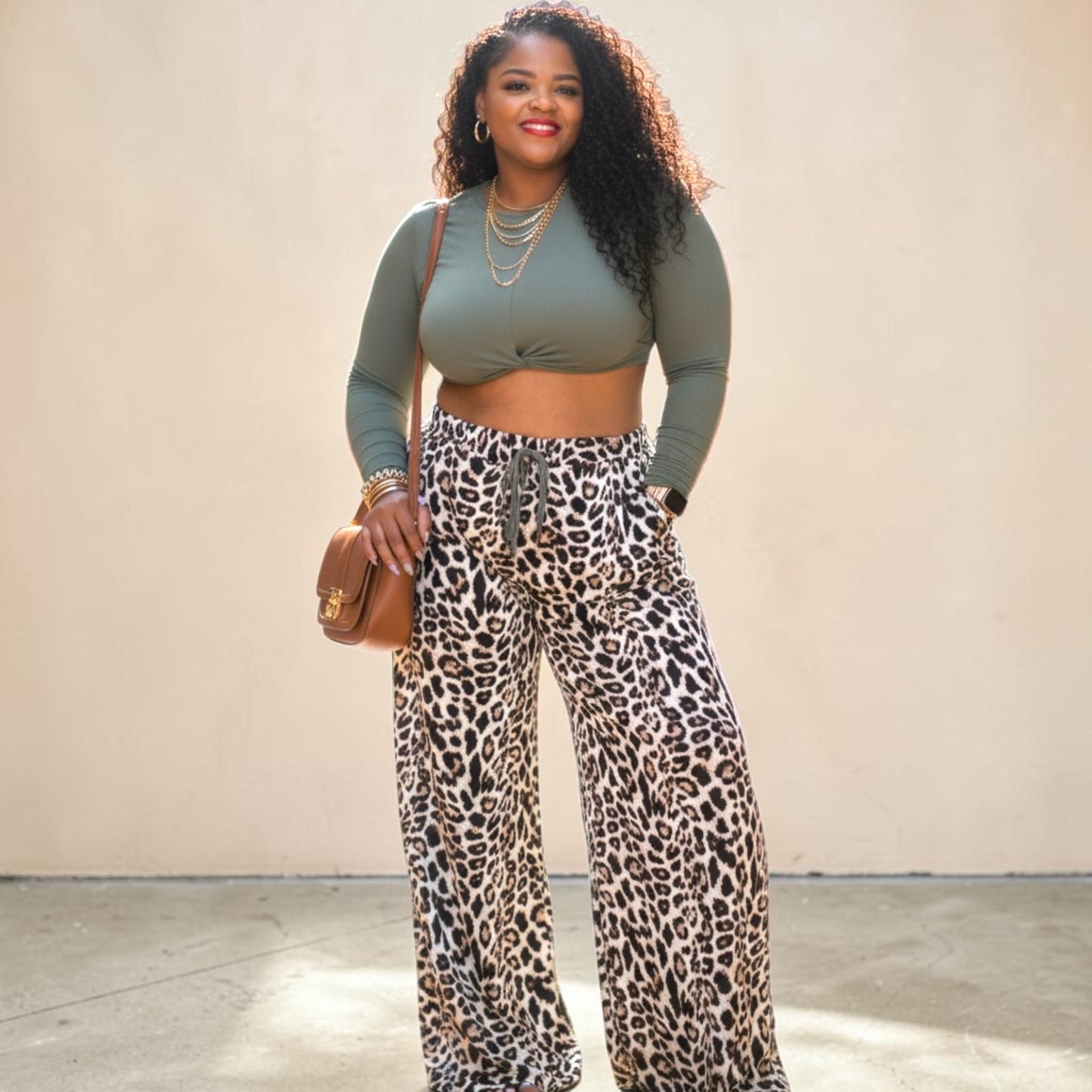 Long Sleeve Top And Wide Leg Lepard Print Pants Set