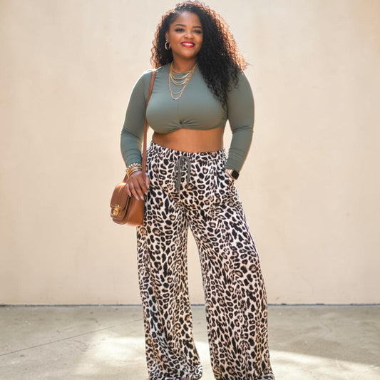 Long Sleeve Top And Wide Leg Lepard Print Pants Set